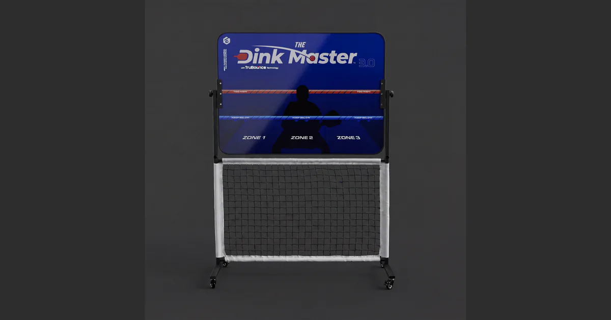Blue side of the Dink Master 3.0 pickleball training board with target zones and mini net