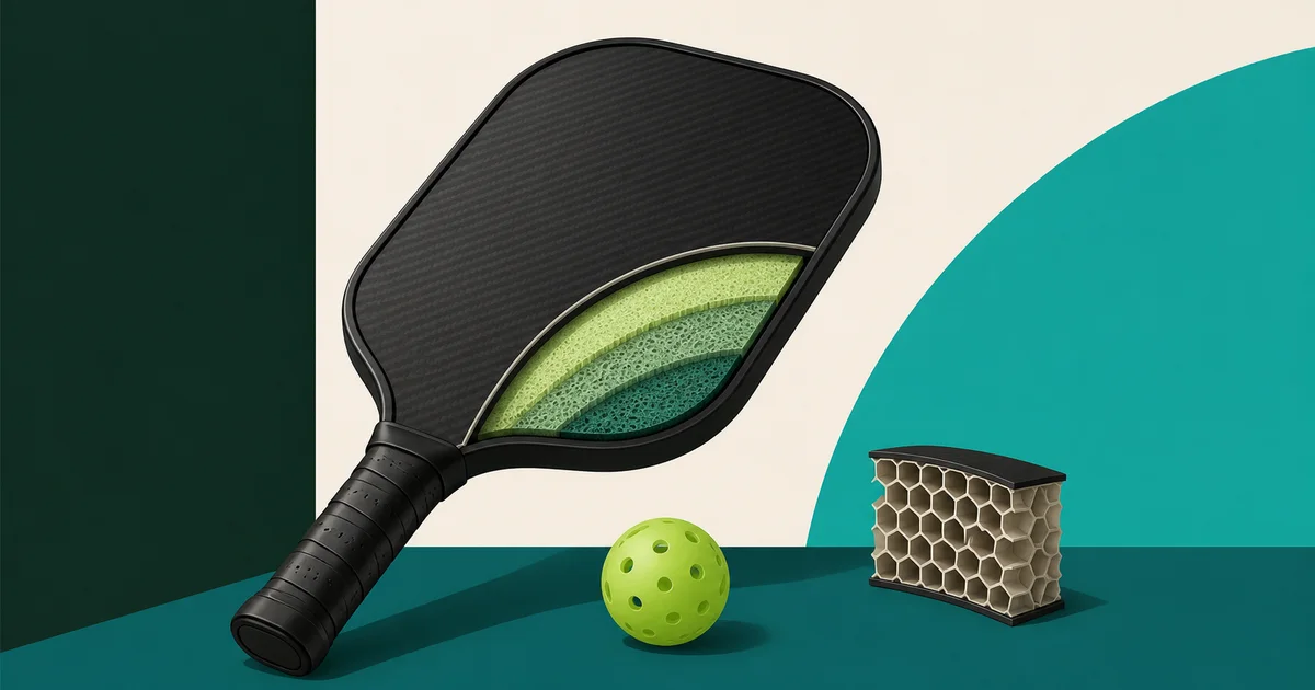 Cutaway illustration of a Gen 4 pickleball paddle with a multi-density foam core beside a honeycomb core sample