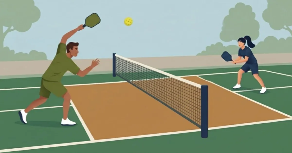Pickleball player retreating to defend a high lob over the court