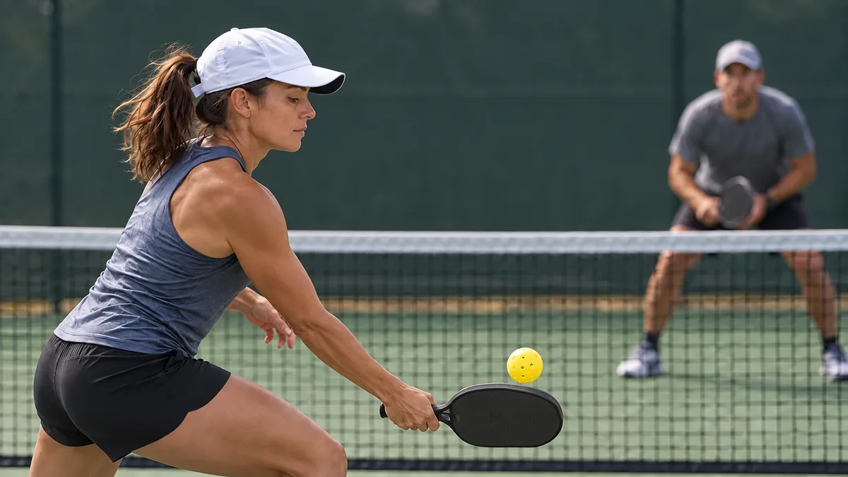 Pickleball player preparing a low-to-high lob with the paddle near knee height