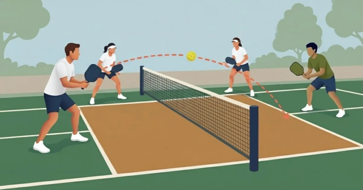 Four pickleball players competing in a structured match simulation