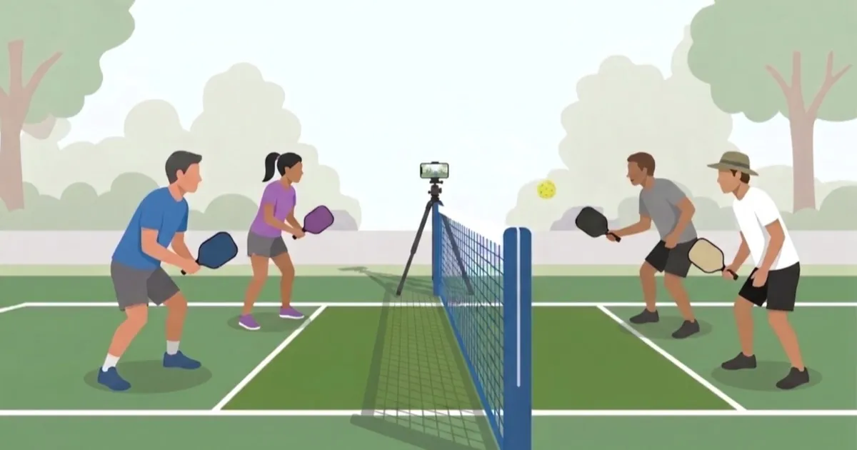 Four players rallying on a pickleball court while a phone records the match