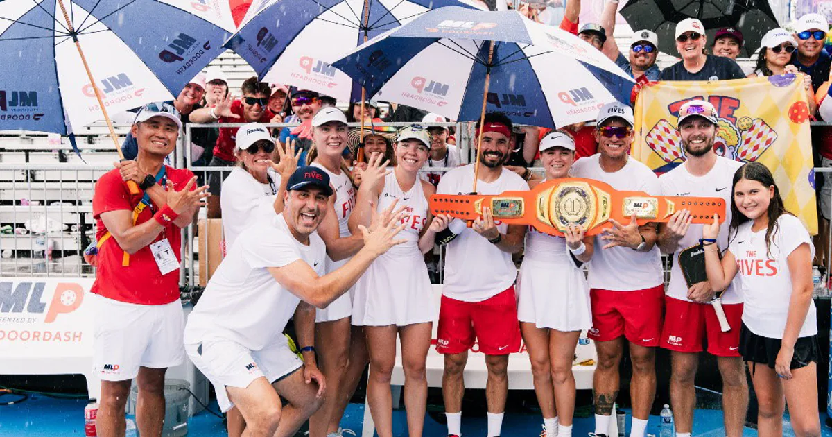 New Jersey 5s players and supporters celebrating a Major League Pickleball team victory