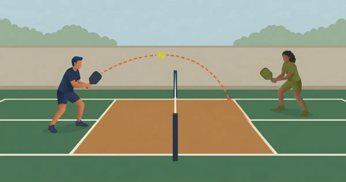 Two pickleball players practicing crosscourt dinks at the kitchen line