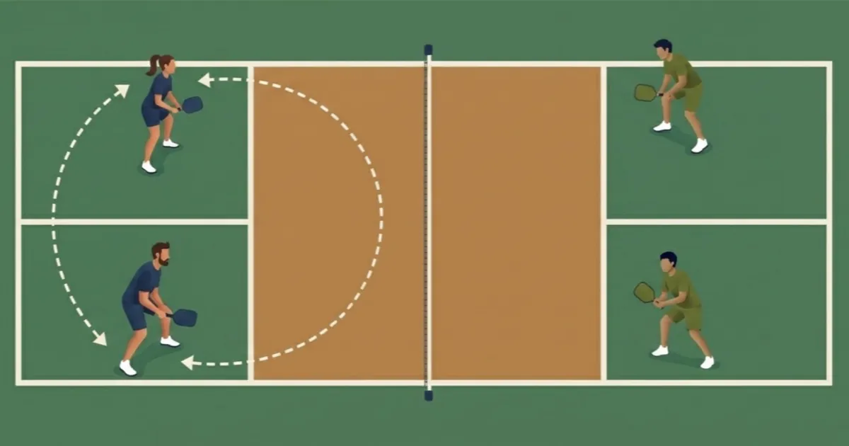 Overhead pickleball court diagram showing a doubles stacking switch