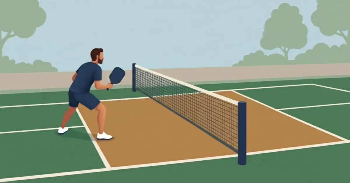 Pickleball player holding a balanced ready position at the kitchen line