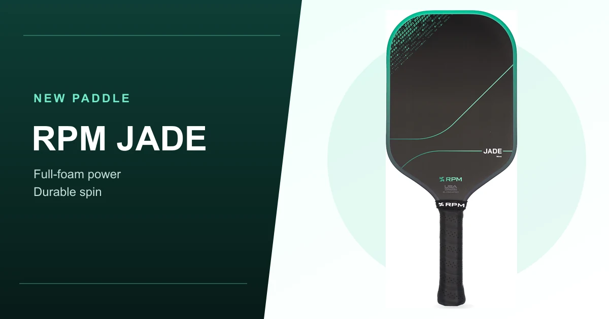 RPM Jade 16mm elongated pickleball paddle with a black face and jade-green edge guard