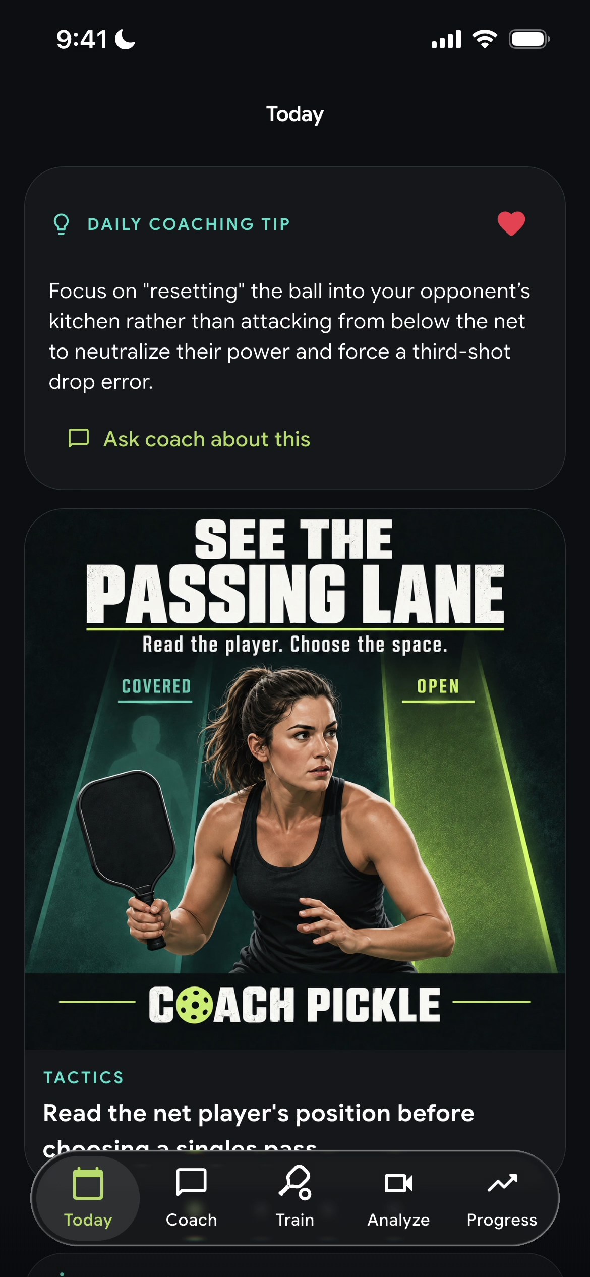 Today screen with a Daily Coaching Tip, favorite heart, and Ask coach action