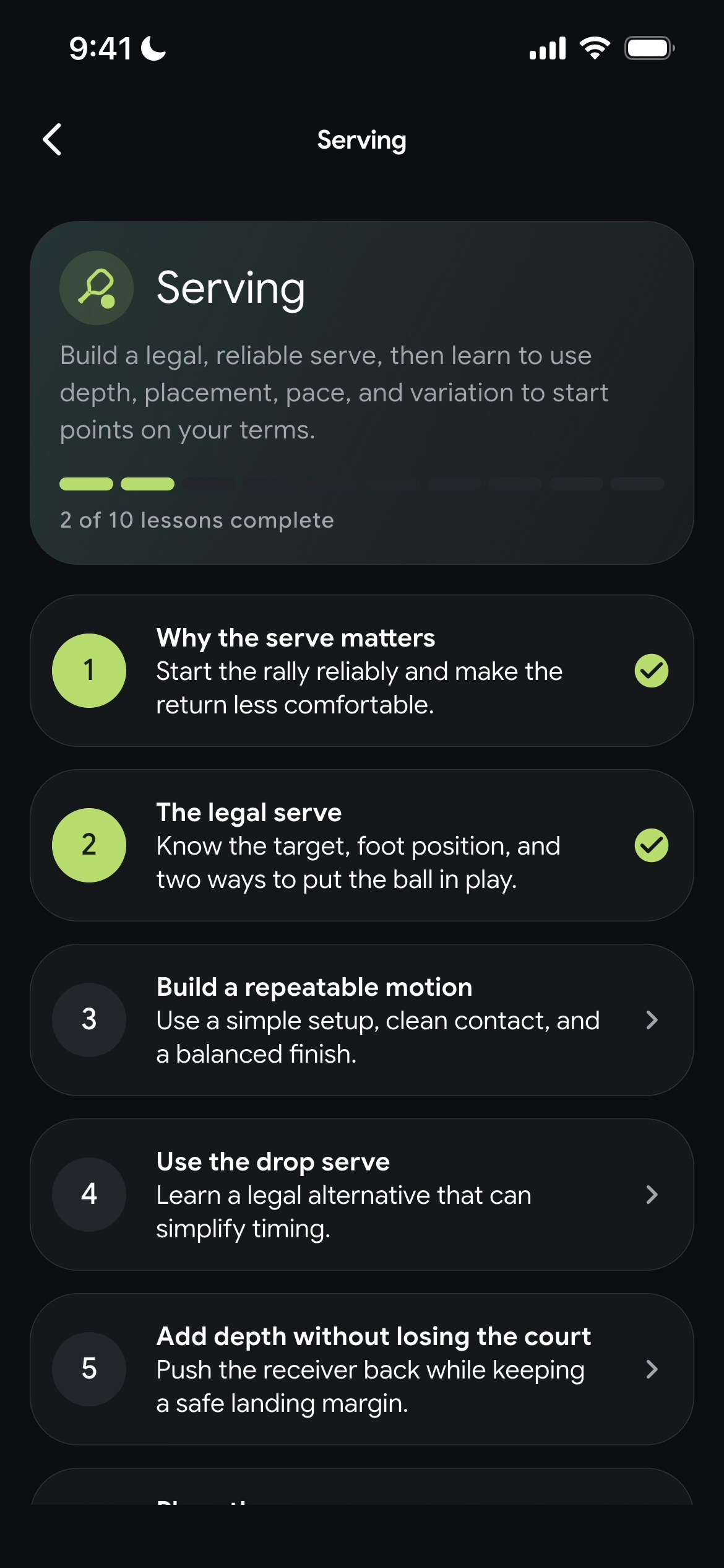 Serving lesson topic showing numbered lessons and completion progress