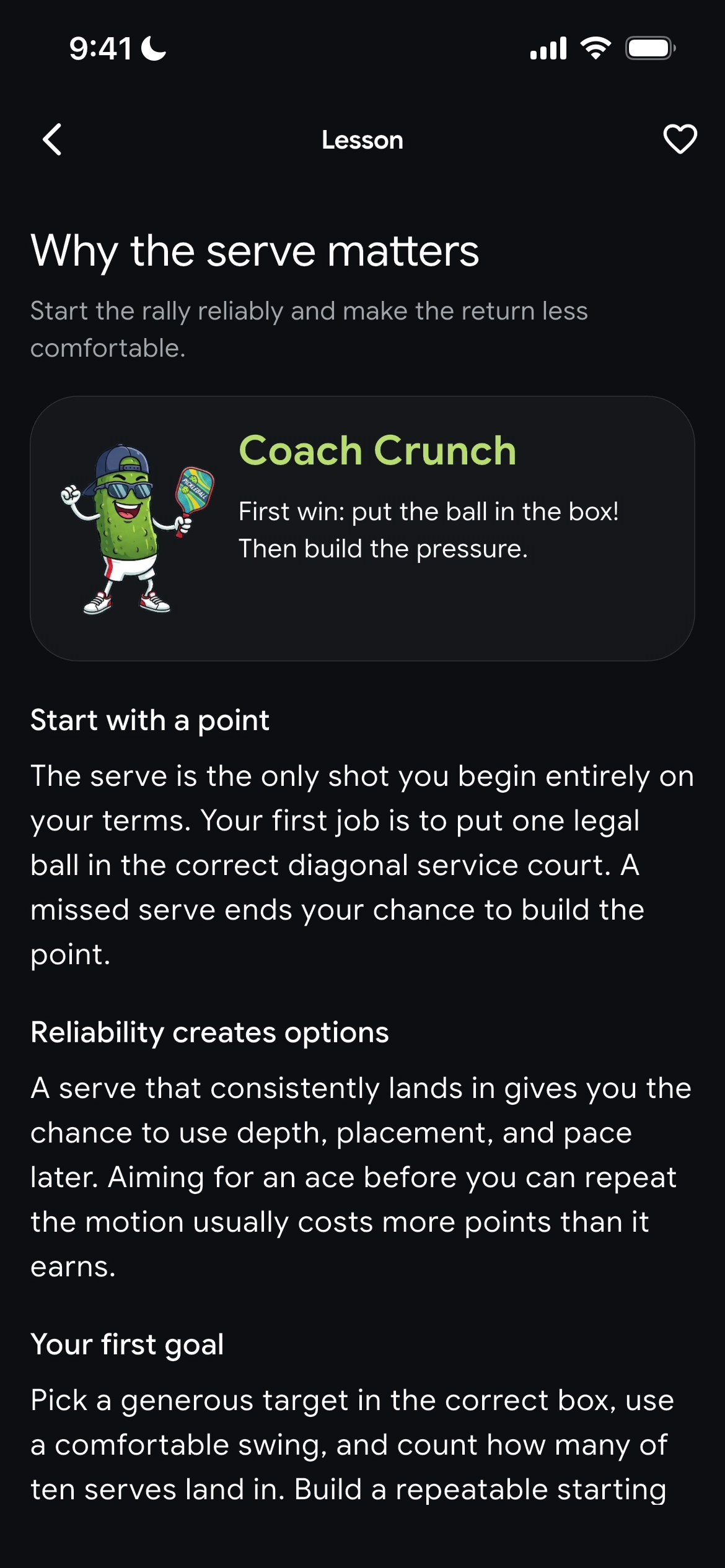Why the serve matters lesson with Coach Crunch guidance and a favorite heart