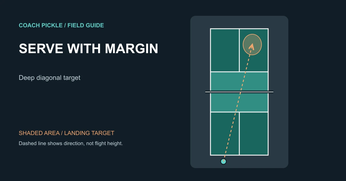 Overhead pickleball court showing a serve from behind the baseline to a deep diagonal service-court target.