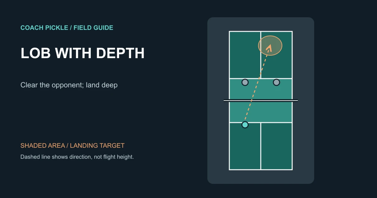 Overhead pickleball court showing a lob’s deep landing target beyond opponents at the kitchen; dashed line indicates direction, not height.