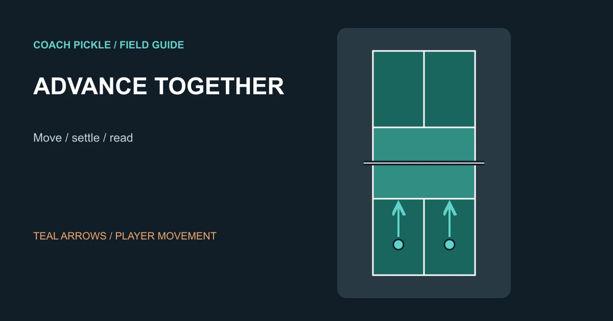 Overhead pickleball court showing two doubles partners advancing together and stopping before the kitchen line.