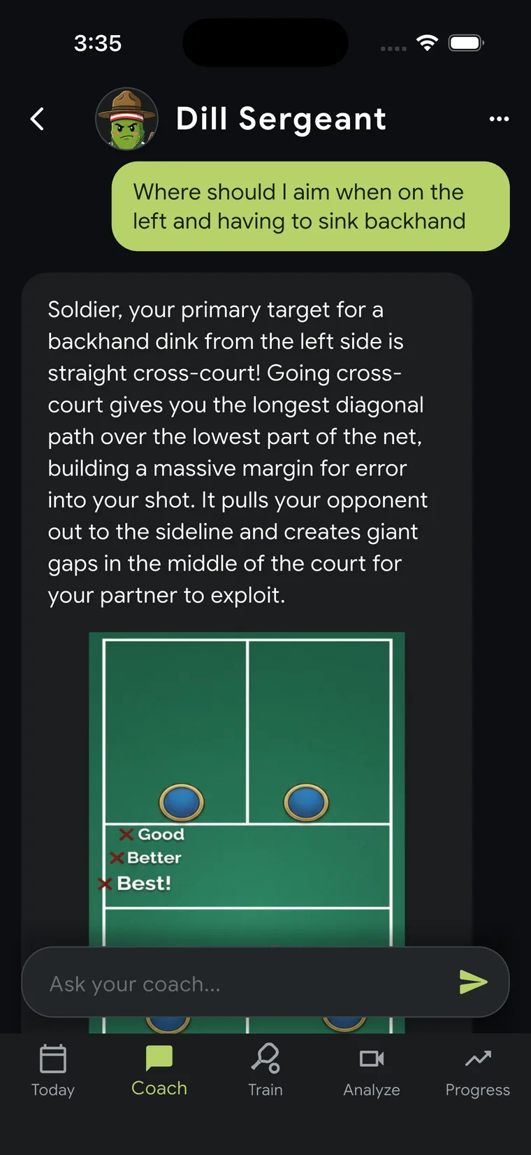 Coach Pickle chat explaining backhand dink placement with a court diagram.