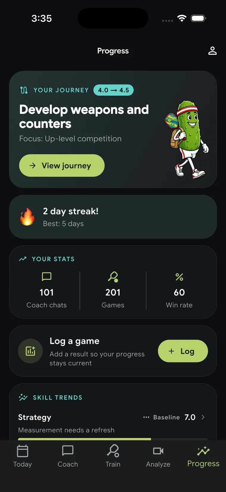 Coach Pickle Progress screen with a skill journey, coaching streak, game statistics, and skill trends.