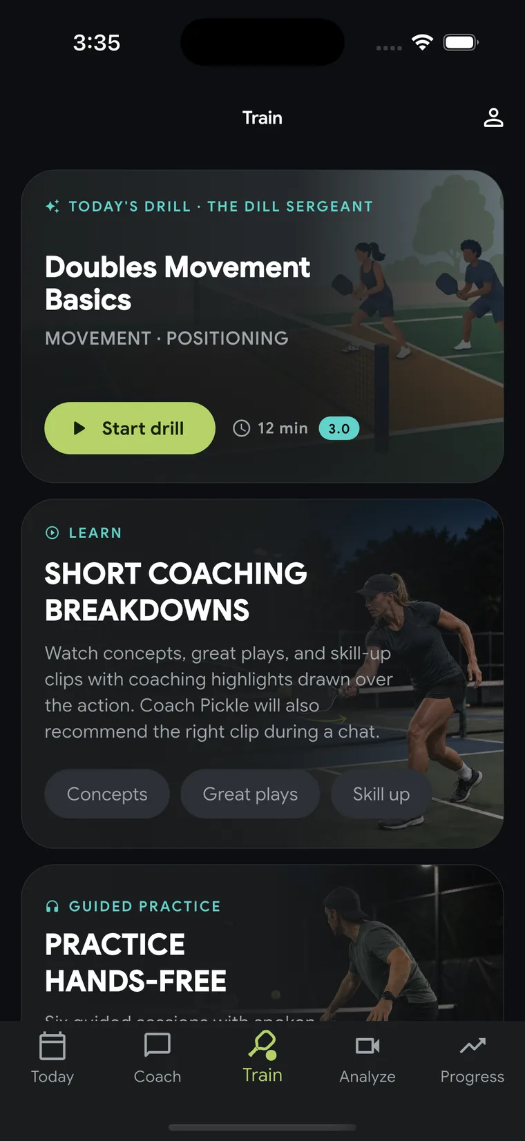 Coach Pickle Train screen with a recommended doubles movement drill, coaching clips, and guided practice.