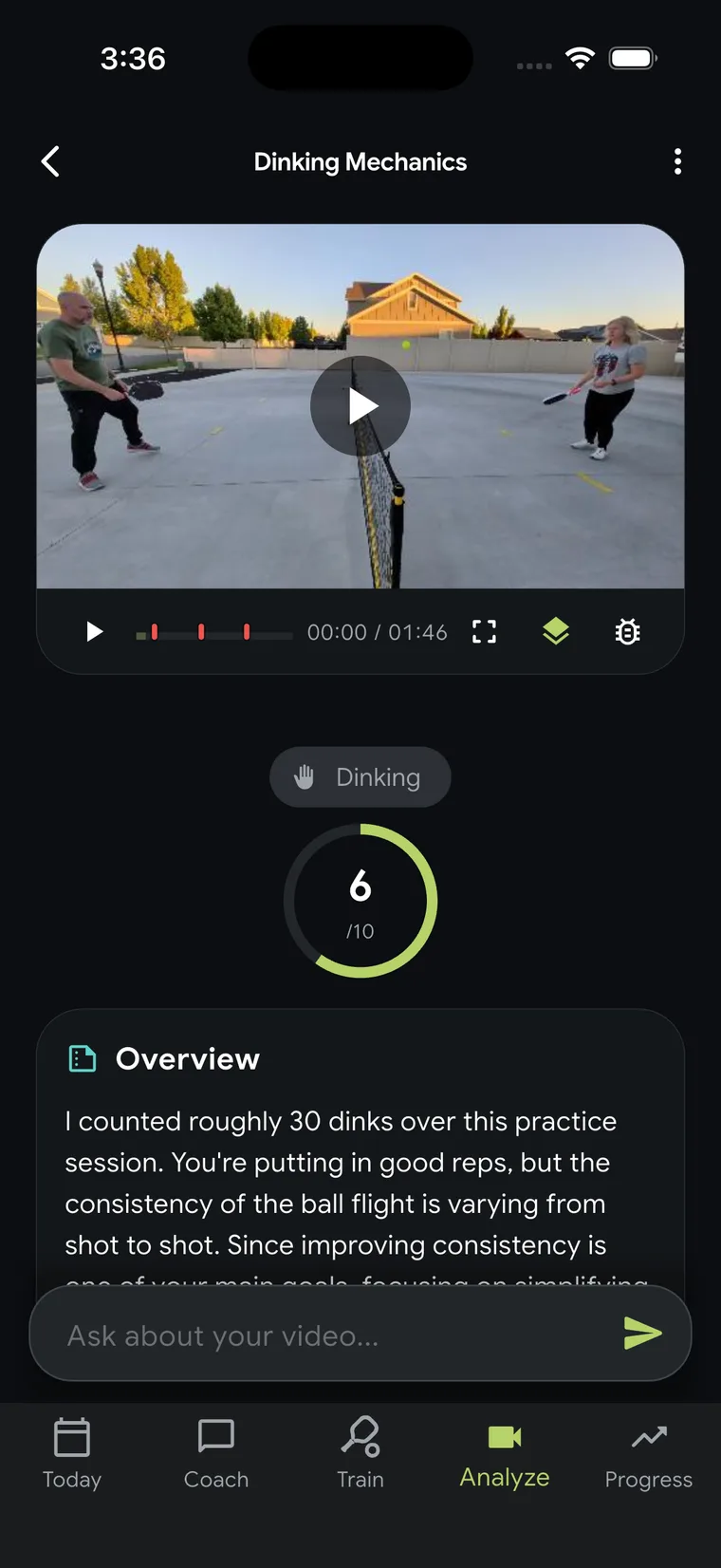 Coach Pickle video review with playback markers, an overall score, coaching feedback, and follow-up chat.