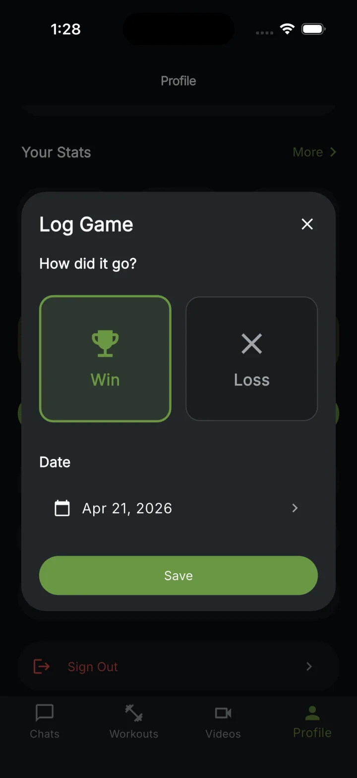 Coach Pickle Log Game screen on iPhone: record Win or Loss, pick a date with a calendar control, and save — dark mode sports activity logging UI.