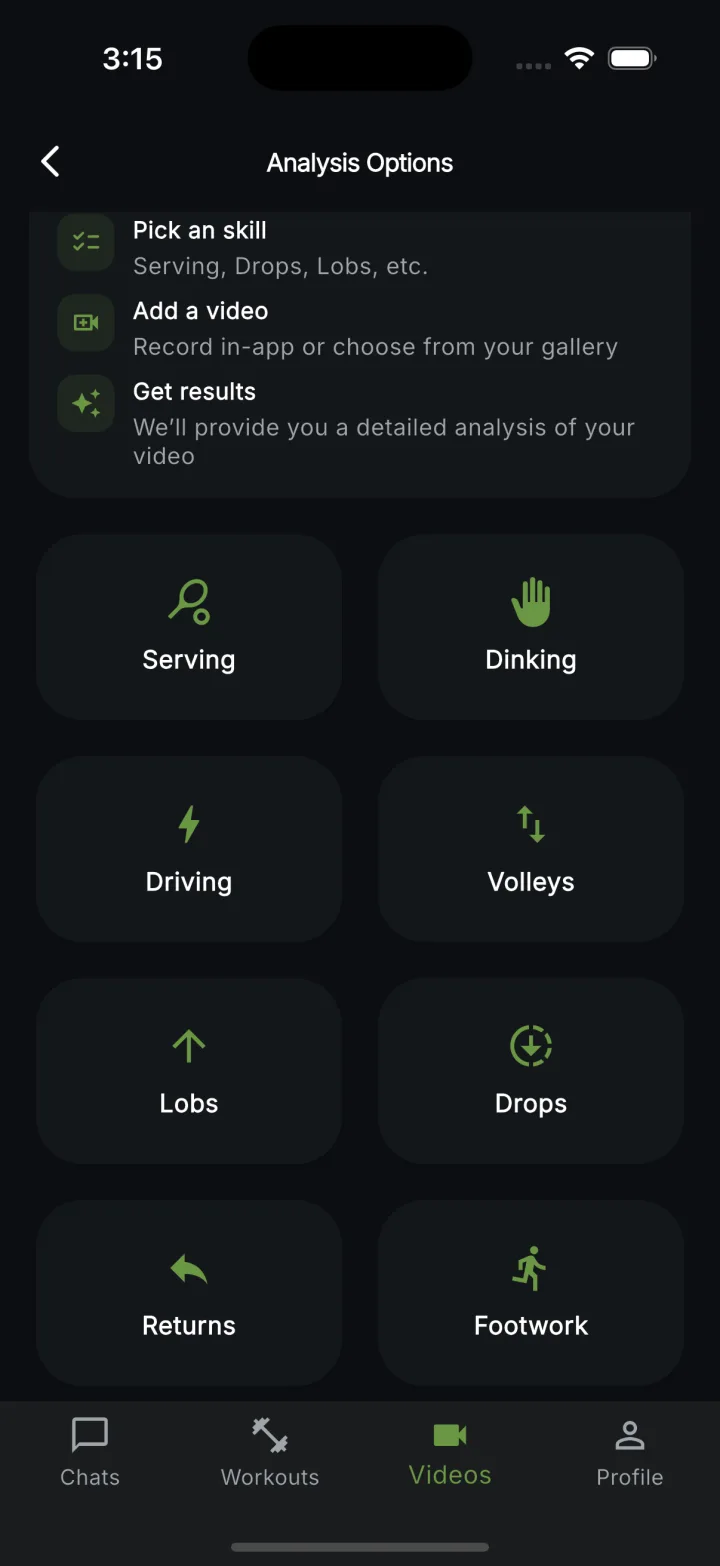 Coach Pickle Analysis Options screen on iPhone: pick a skill to analyze with cards for Serving, Dinking, Driving, Volleys, Lobs, Drops, Returns, and Footwork, plus a "Pick a skill / Add a video / Get results" steps card at the top.